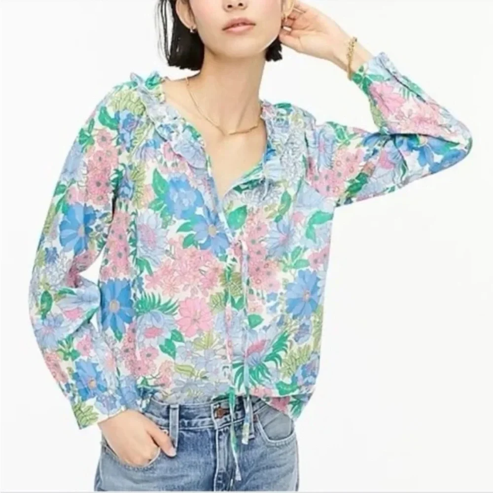 J. Crew Organic Cotton Tie Front Ruffle Top in Fairy Floral A2851 Small